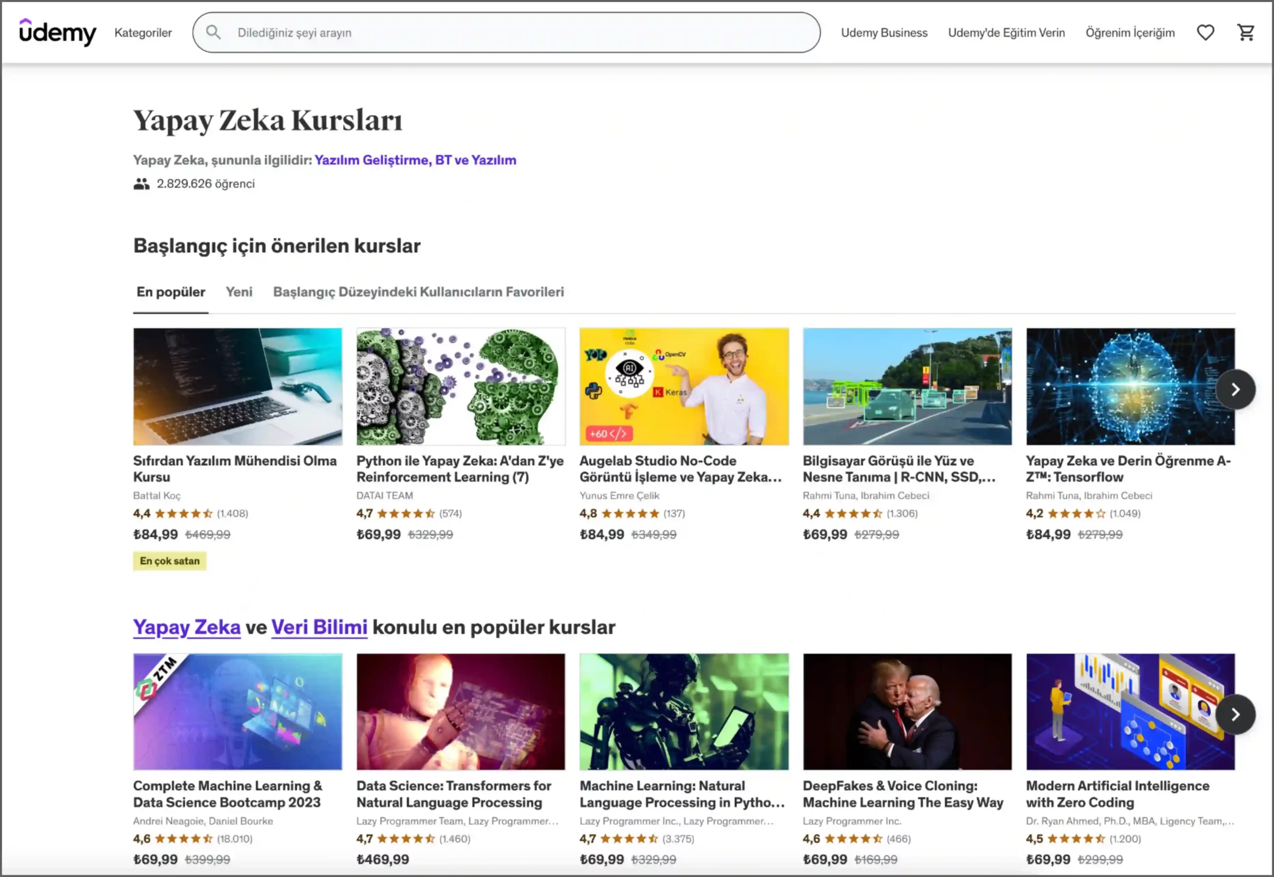 udemy online yapay zeka kursları